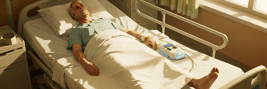 Patient receiving pressure ulcer prevention care with specialized equipment